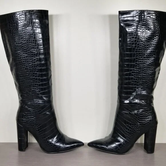 Steve Madden Triumph Croc-Embossed Boots, Black Faux Leather, Womens Size 8 M - Picture 7 of 11